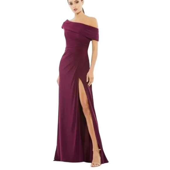 Ieena for Mac Duggal Fold Over Off The Shoulder Slit Gown Size 6 Eggplant NEW - Picture 1 of 2